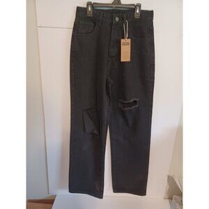 Genleck Wide Leg Ripped Jeans for Women Baggy Distressed Black S(28X29)